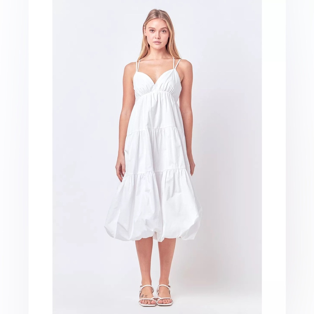 English Factory Women’s Midi Cotton Dress with Balloon Hem Strappy Silhouette